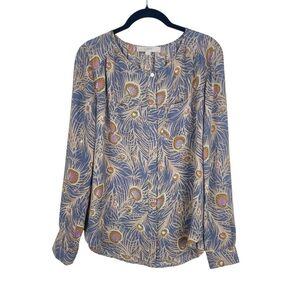 LOFT NWOT Peacock Print Long Sleeved Collarless Button Up Blouse Slate+Beige XS